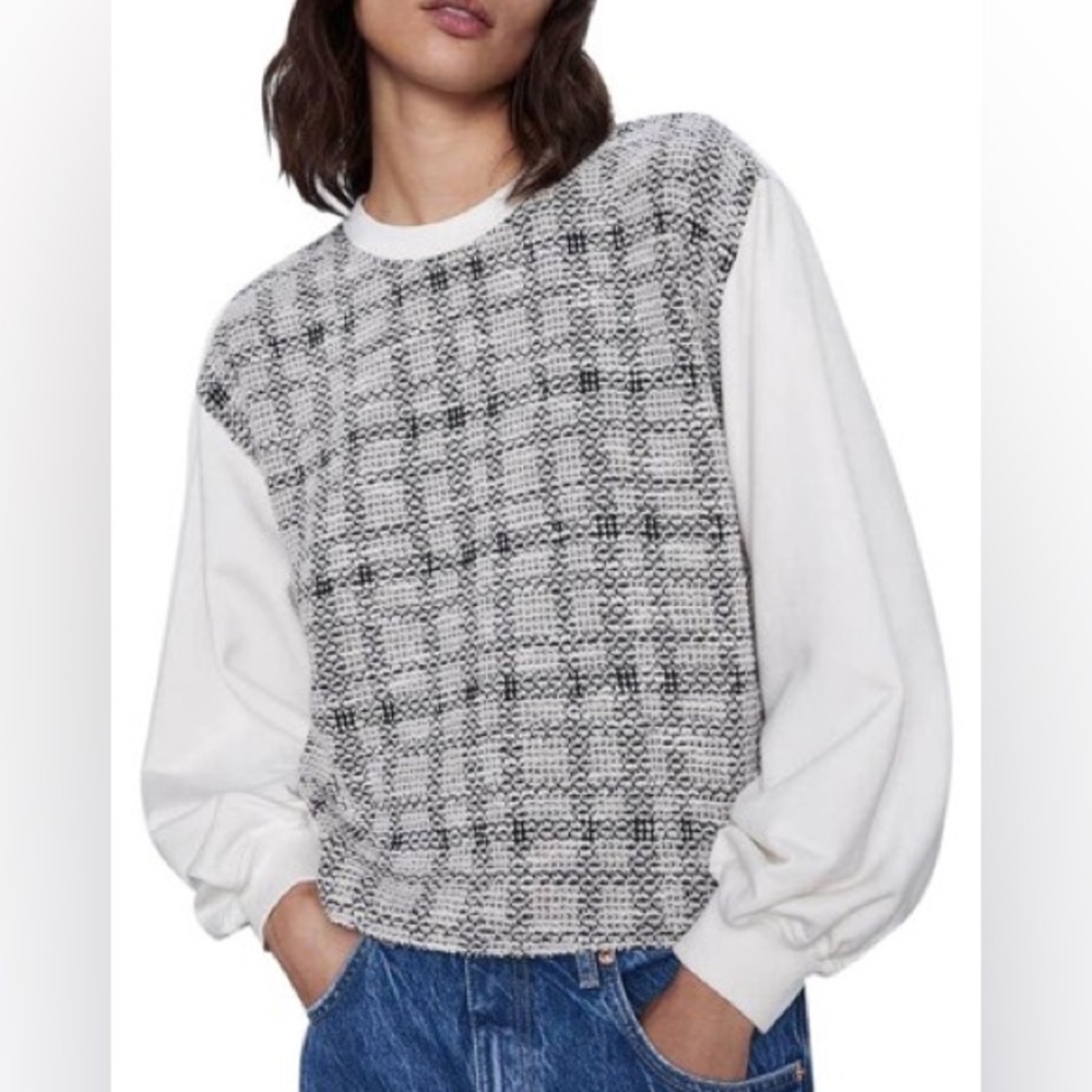 Zara Mixed Textile Tweed Sweatshirt